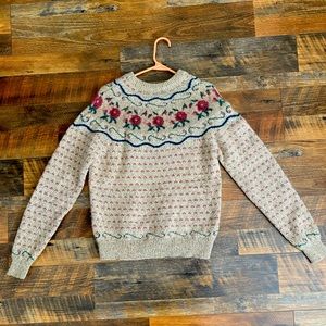 Vintage Fair Isle Eddie Bauer Women Sweater Cream Large Floral Wool-Blend